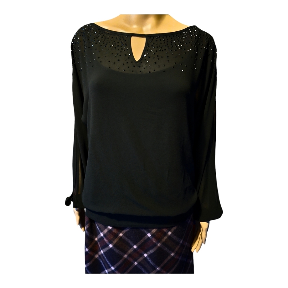 Cache Black Round Neck Long Sleeve Top